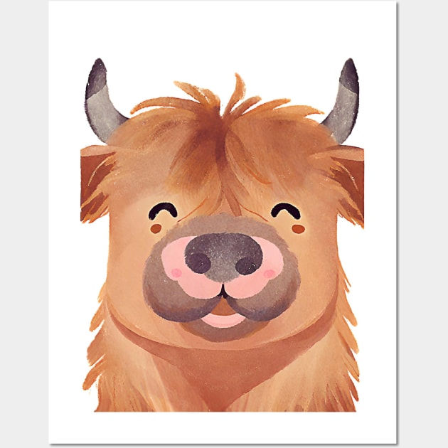 Cute Highland Cow Smiling Watercolor Painting Wall Art by Art-Jiyuu